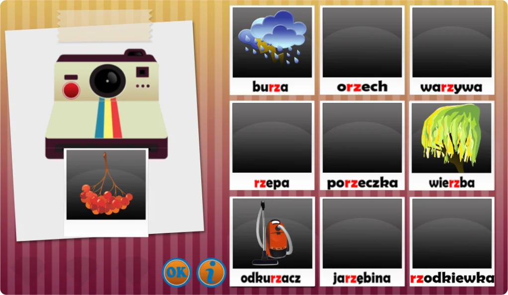 Dysortografia Klasa 1-3 - dopasowywanie wyrazów z rz do obrazków