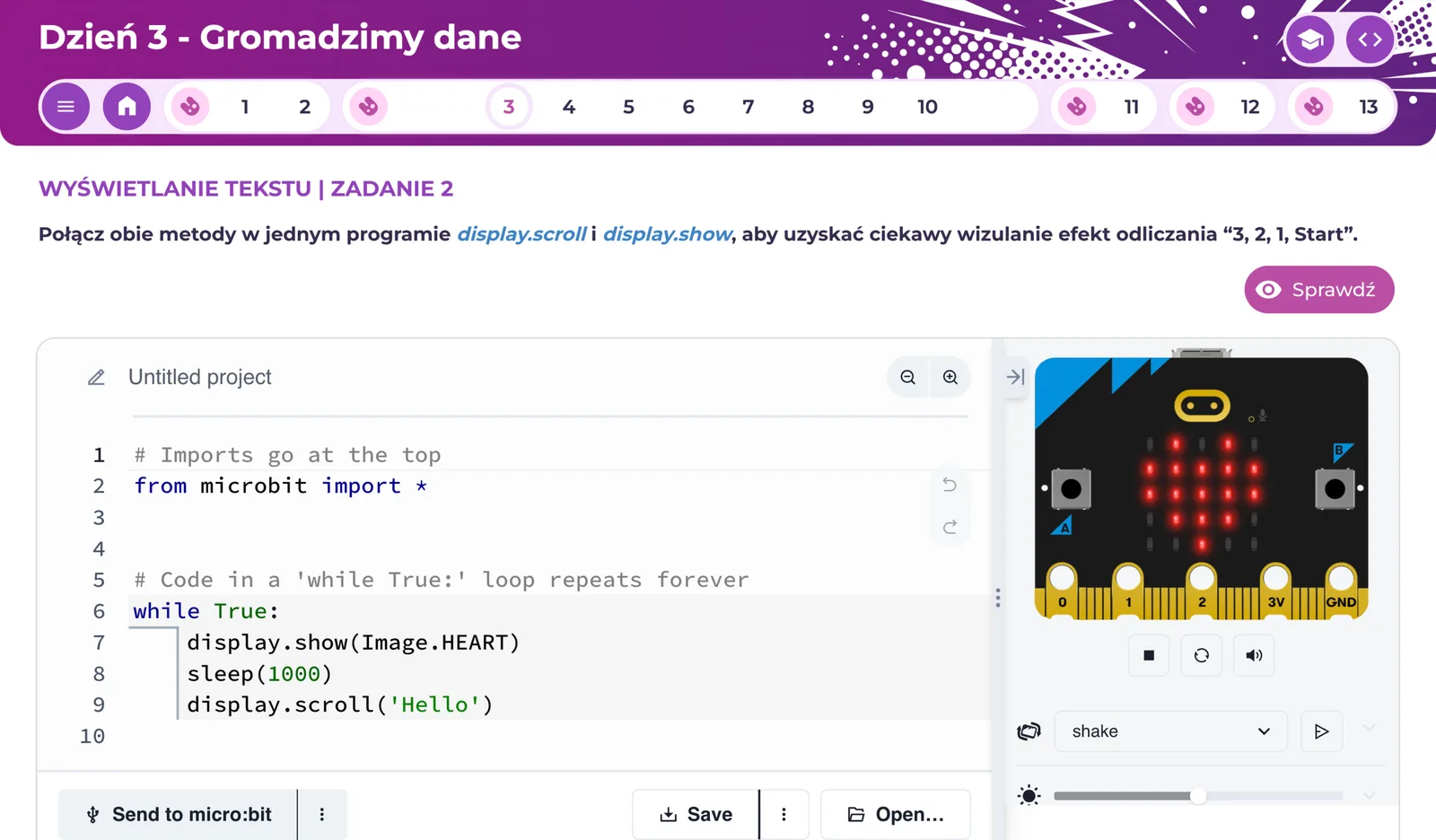 learn:bit Arcade - zrzut ekranu kursu programowania