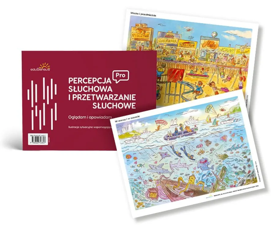 Publikacja Oglądam i opowiadam - okładka i plansze ilustracyjne programu Percepcja Słuchowa PRO